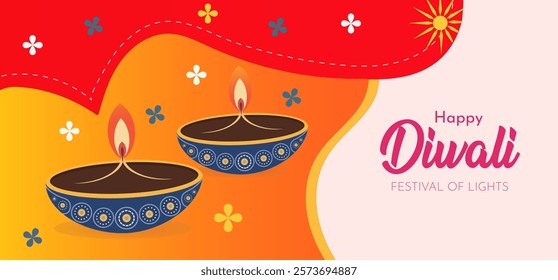 Happy Diwali Festival of Lights Banner Two intricately designed diyas oil lamps illuminate a vibrant festive banner, radiating warmth and celebrating the joyous festival of Diwali