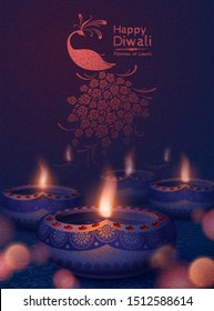 Happy diwali festival of lights with beautiful diya oil lamps and peacock on bokeh night backgound