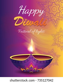 Happy Diwali festival of lights with beautiful candle decorated with patterns and mandalas. Vector illustration with congratulation on colorful background