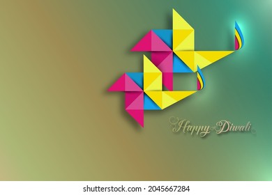 Happy Diwali Festival of Lights Celebration colorful template in Origami paper Graphic design of Indian Diya Oil Lamps, Modern Flat Design. Vector banner art style, gradient color background