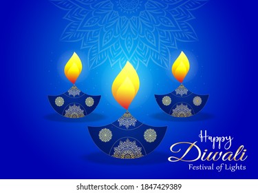 Happy Diwali - festival of lights colorful background with decorative diya lamp and rangoli.