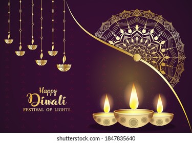 Happy Diwali - festival of lights colorful background with decorative diya lamp and rangoli.