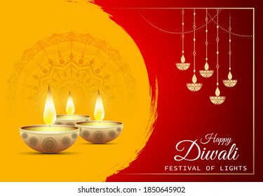 Happy Diwali - festival of lights colorful background with decorative diya lamp and rangoli.