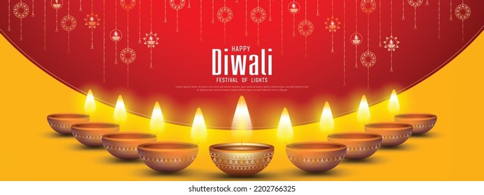 Happy Diwali - festival of lights colorful banner template design with decorative diya lamp. vector illustration.