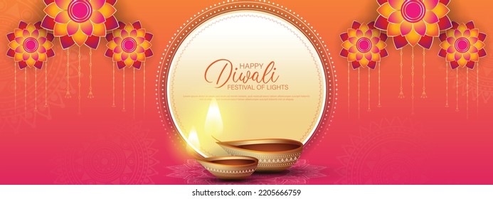 Happy Diwali - festival of lights colorful banner template design with decorative diya lamp. vector illustration.