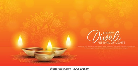 Happy Diwali - Festival Of Lights Colorful Banner Template Design With Decorative Diya Lamp. Vector Illustration.