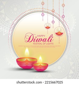 Happy Diwali - festival of lights colorful poster template design with decorative diya lamp. vector illustration.