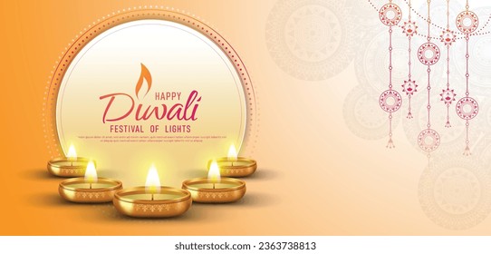 Happy Diwali - festival of lights colorful banner template design with decorative diya lamp. vector illustration.