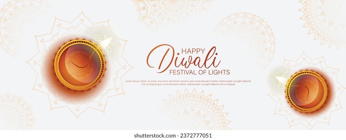 Feliz Diwali - festival de luces de fondo colorido con lámpara de día decorativa y rangoli.