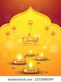 Happy Diwali - festival of lights colorful poster template design with decorative diya lamp. vector illustration.