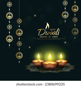 Happy Diwali - festival of lights colorful background with decorative diya lamp and rangoli.