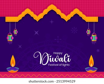 Feliz Festival de Luzes Diwali com Diyas colorido e lanternas em um design festivo moderno