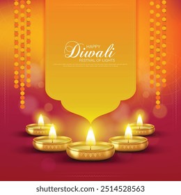 Happy Diwali - festival of lights colorful poster template design with decorative diya lamp. vector illustration.