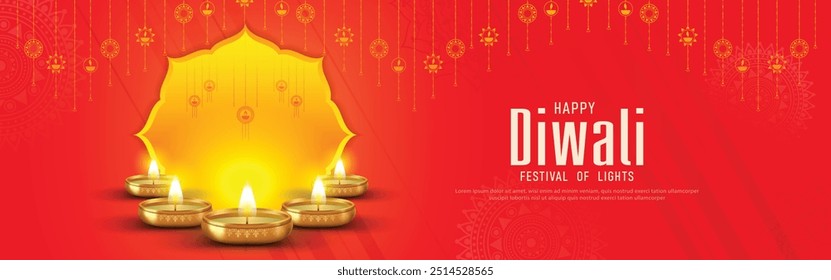 Feliz Diwali - festival de luzes colorido design de modelo de banner com lâmpada diya decorativa. ilustração vetorial.