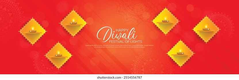 Feliz Diwali - festival de luzes colorido design de modelo de banner com lâmpada diya decorativa. ilustração vetorial.