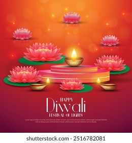 Feliz Diwali - festival de luzes colorido poster design de modelo com lâmpada diya decorativa e lotus. ilustração vetorial.