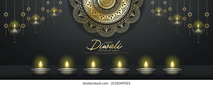 Happy Diwali - festival of lights colorful banner template design with decorative diya lamp. vector illustration.