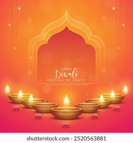 Happy Diwali - festival de luces colorido diseño de Plantilla de póster con lámpara decorativa diya. Ilustración vectorial.