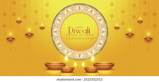 Happy Diwali - festival de luces de diseño de Plantilla de Anuncio colorido con lámpara decorativa diya. Ilustración vectorial.