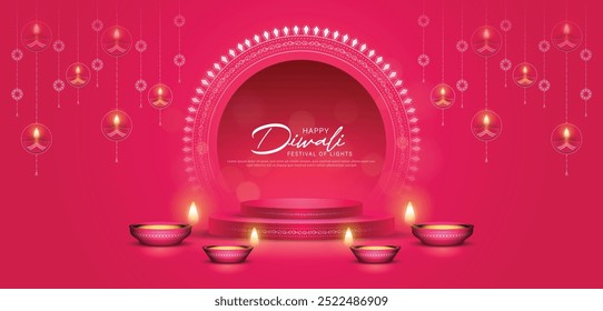 Feliz Diwali - festival de luzes colorido design de modelo de banner com lâmpada diya decorativa. ilustração vetorial.