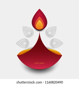 Happy Diwali festival of lights. Graphic concept with indian diya oil lamp. Abstract holiday colorful background for card, cover, poster in modern stylized paper cut style. Vector illustration.