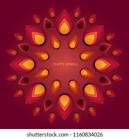 Happy Diwali festival of lights. Graphic concept with fire flame shape. Abstract holiday colorful background for card, cover, poster in modern stylized paper cut style. Vector illustration.