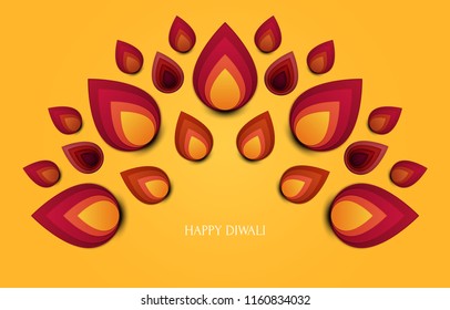 Happy Diwali festival of lights. Graphic concept with fire flame shape. Abstract holiday colorful background for card, cover, poster in modern stylized paper cut style. Vector illustration.