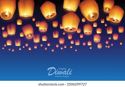 Happy Diwali festival of lights greeting. Glowing lanterns in blue sky. Highly detailed illustration.