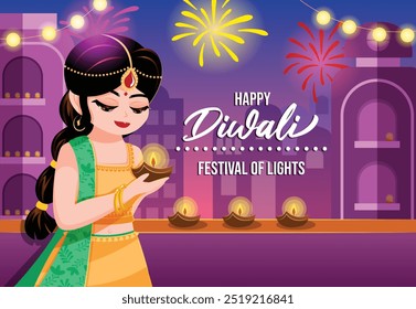 Happy Diwali - Festival of Lights Greeting Card. A Woman in Traditional Attire Holding a Diya on a Rooftop Adorned with Fairy Lights and Diyas, with Fireworks Lighting up the Sky