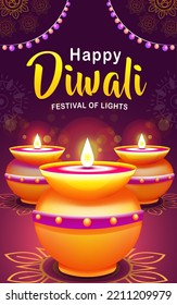 Happy Diwali Festival of Lights, illustration of candle holder from clay jar with beautiful light. Suitable for events