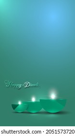 Happy Diwali Festival of Lights India Celebration colorful template. Vertical banner design of Indian Diya Oil Lamps, Modern Design in vibrant color. Vector Indian art style green gradient background