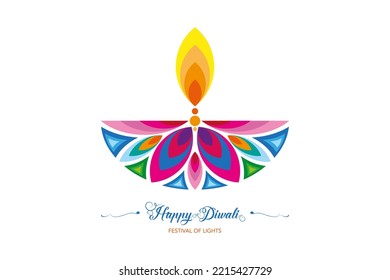 Happy Diwali Festival of Lights India Celebration colorful logo template. Graphic banner design of Indian flower Diya Oil Lamp, Modern Design in vibrant colors. Vector isolated on white  background