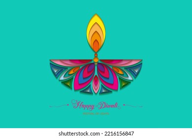 Happy Diwali Festival of Lights India Celebration colorful logo template. Graphic banner design of Indian flower Diya Oil Lamp, Modern Design in vibrant colors. Vector isolated on green background