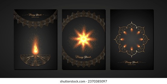 Feliz Festival Diwali de Luces India Celebration puso una plantilla negra. Diseño de pancartas verticales de lámparas de aceite de la diya india, diseño moderno en color dorado. Estilo vector de arte indio, fondo de lujo