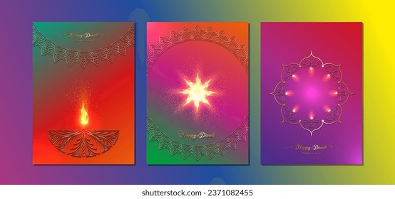 Happy Diwali Festival of Lights India Celebration set colorful template. Vertical banner design of Indian Diya Oil Lamps, Gradient Design in gold color. Vector Indian art style, luxury background