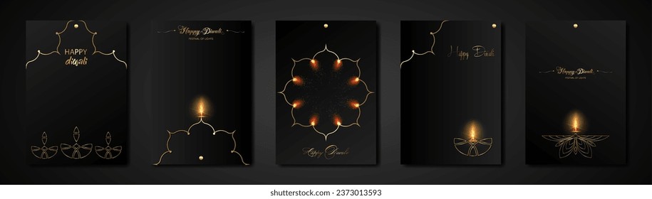 Happy Diwali Festival of Lights India Celebration set black template. Vertical banner design of Indian Diya Oil Lamps, Modern Design in gold color. Vector Indian art style, luxury background