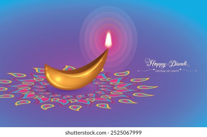 Happy Diwali Festival of Lights India Celebration colorful template. Graphic banner design of Indian Diya Oil Lamp, mandala design. Vector festive isolated blue  background