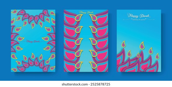 Happy Diwali Festival of Lights India Celebration set colorful template. Vertical banner design of Indian Diya Oil Lamps, Gradient Design in blue color. Vector Indian art style, paper cut background