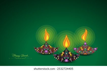 Happy Diwali Festival of Lights India Celebration template. Graphic banner design of Indian Diya Oil Lamps border frame design. Vector festive isolated on green background with copy space