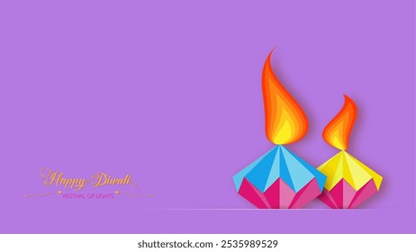 Happy Diwali Festival of Lights India Celebration template. Graphic banner design of Indian Diya Oil Lamps design. Paper cut style vector festive isolated on light purple background with copy space