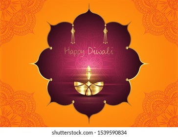 Happy Diwali festival of lights. Luxury oil gold lamp on mandala background night sky, Hindu Diwali Golden ornament and orange color, vector Illustration 