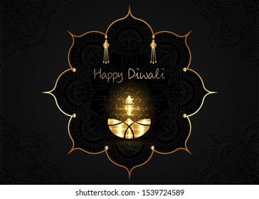 Happy Diwali festival of lights. Luxury oil gold lamp on gold flower mandala background night sky, Hindu Diwali Golden ornament and black color, vector Illustration 