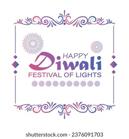 Happy Diwali, festival of lights, Paper Graphic of Indian Rangoli, golden lights, colorful decorative background. Blue magenta background