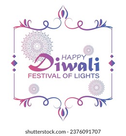 Happy Diwali, festival of lights, Paper Graphic of Indian Rangoli, golden lights, colorful decorative background. Blue magenta background