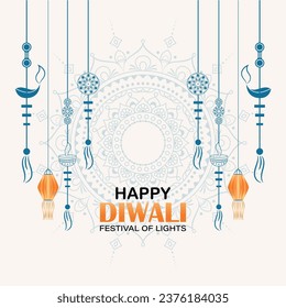 Happy Diwali, festival of lights, Paper Graphic of Indian Rangoli, golden lights, colorful decorative background. Blue magenta background