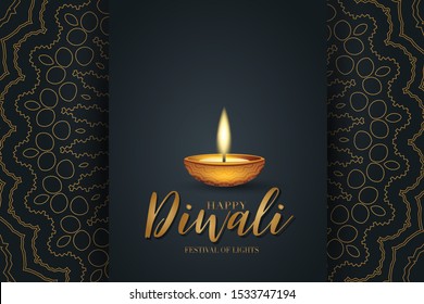 Happy Diwali festival of lights poster design. Indian traditional holiday background Diya oil lamp and golden text typography on black backdrop with gold hindu ornament. Gorgeous celebration banner.