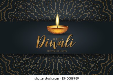 Happy Diwali festival of lights poster design. Indian traditional holiday background Diya oil lamp and golden text typography on black backdrop with gold hindu ornament. Gorgeous celebration banner.