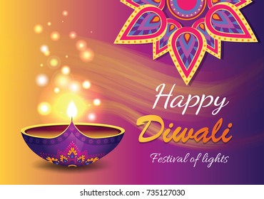 Happy diwali festival of lights promotional poster, depicting traditional diya lamp with glowing and mandala symbol vector illustration