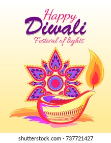 Happy diwali festival of lights, promotional poster representing calligraphy title and icons of mandala and diya vector illustration isolated on white