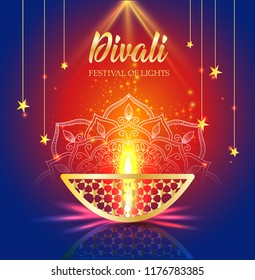 Happy Diwali festival of lights. Retro oil gold lamp on background night sky, Illustration in vector format.